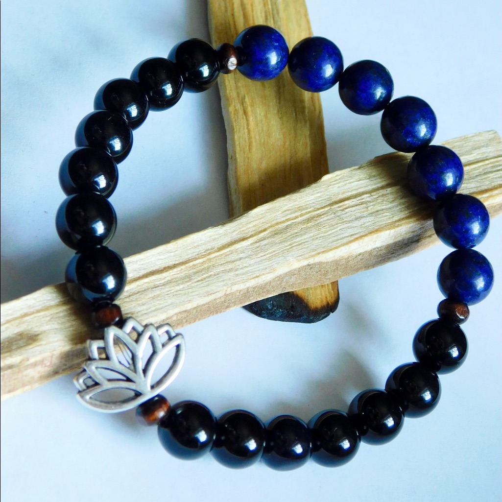 Positive Change Crystal Bead Bracelet Silver Lotus Blue Lapis Lazuli Black